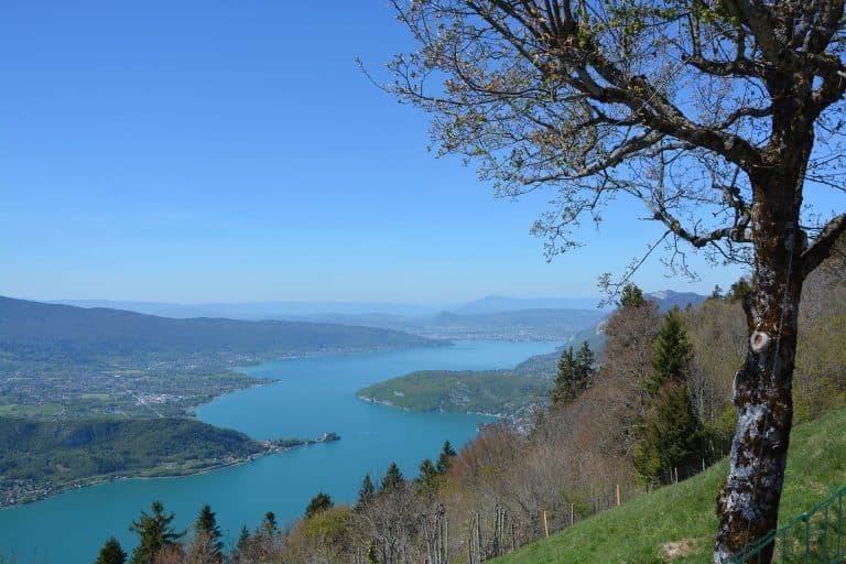 Vue du lac entouré de montagnes et arbres